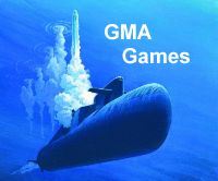 Painting of submarine being depth charged with GMA Games written above.